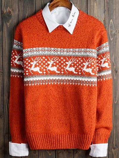 

Deer and Geometric Pattern Long Sleeve Sweater, Orange