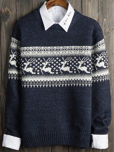 

Deer and Geometric Pattern Long Sleeve Sweater, Blue