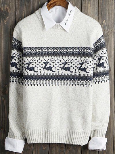 

Deer and Geometric Pattern Long Sleeve Sweater, White