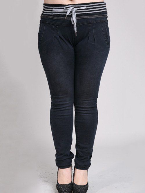 

Drawstring Waist Striped Panel Skinny Jeans, Black