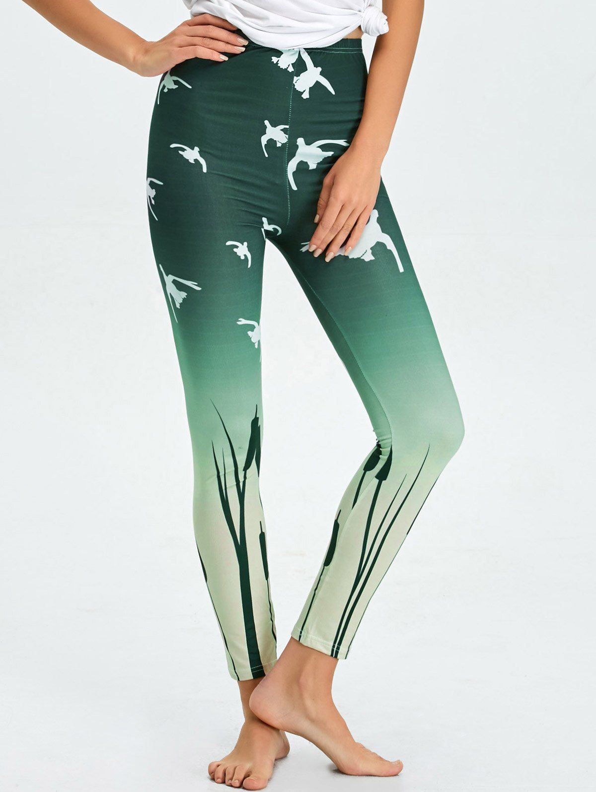 

High Waist Skinny Ombre Print Leggings, Blackish green