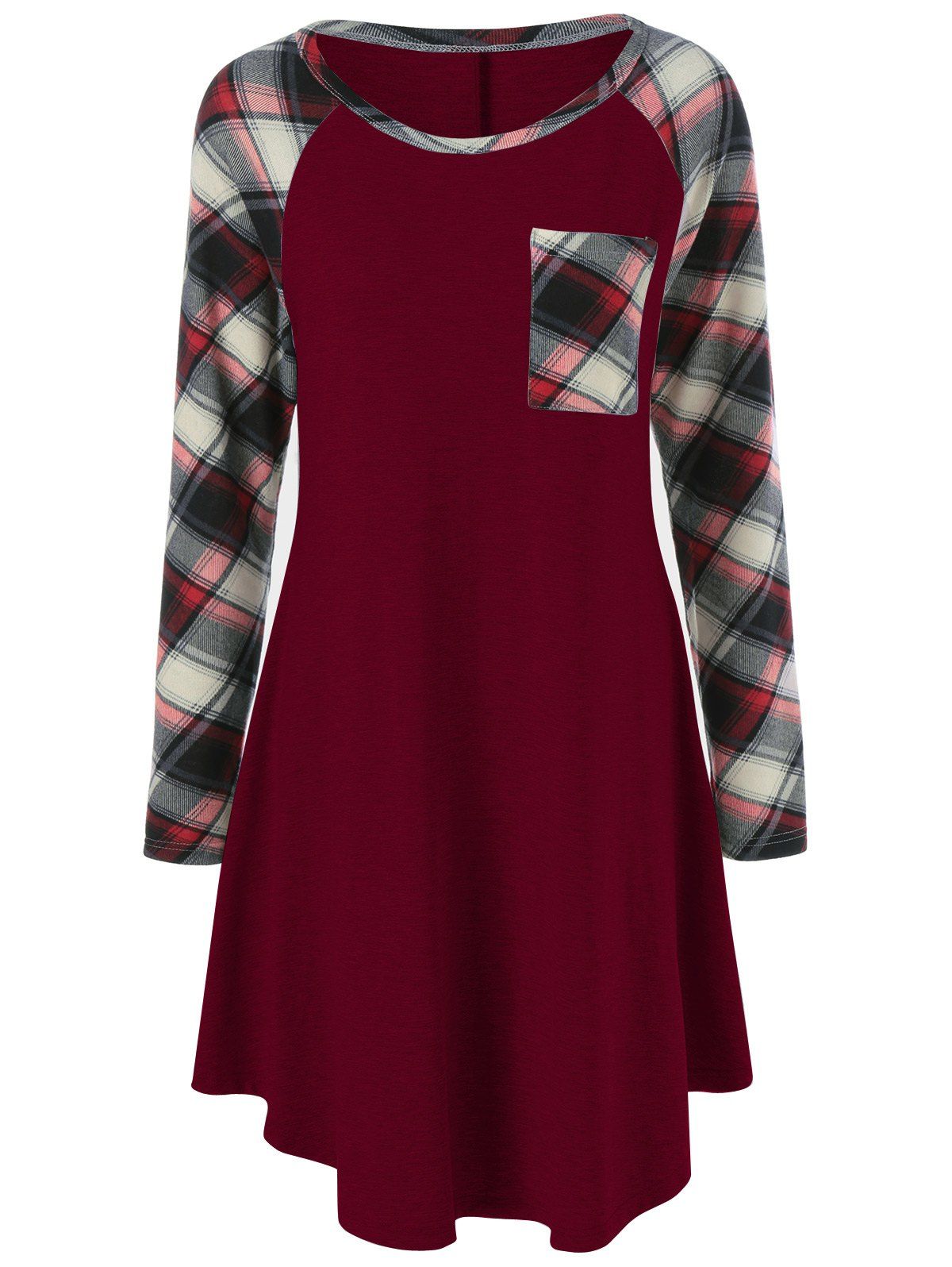 

Plus Size Plaid Trim Single Pocket Dress, Deep red