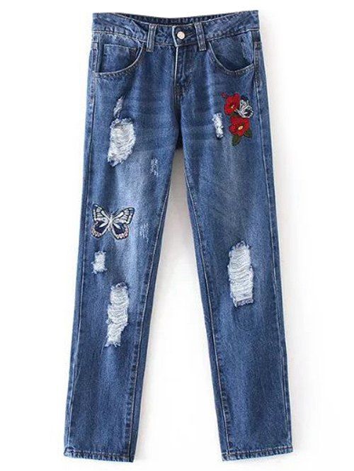 Papillon Embroidery Ripped Jeans - Bleu Toile de Jean S