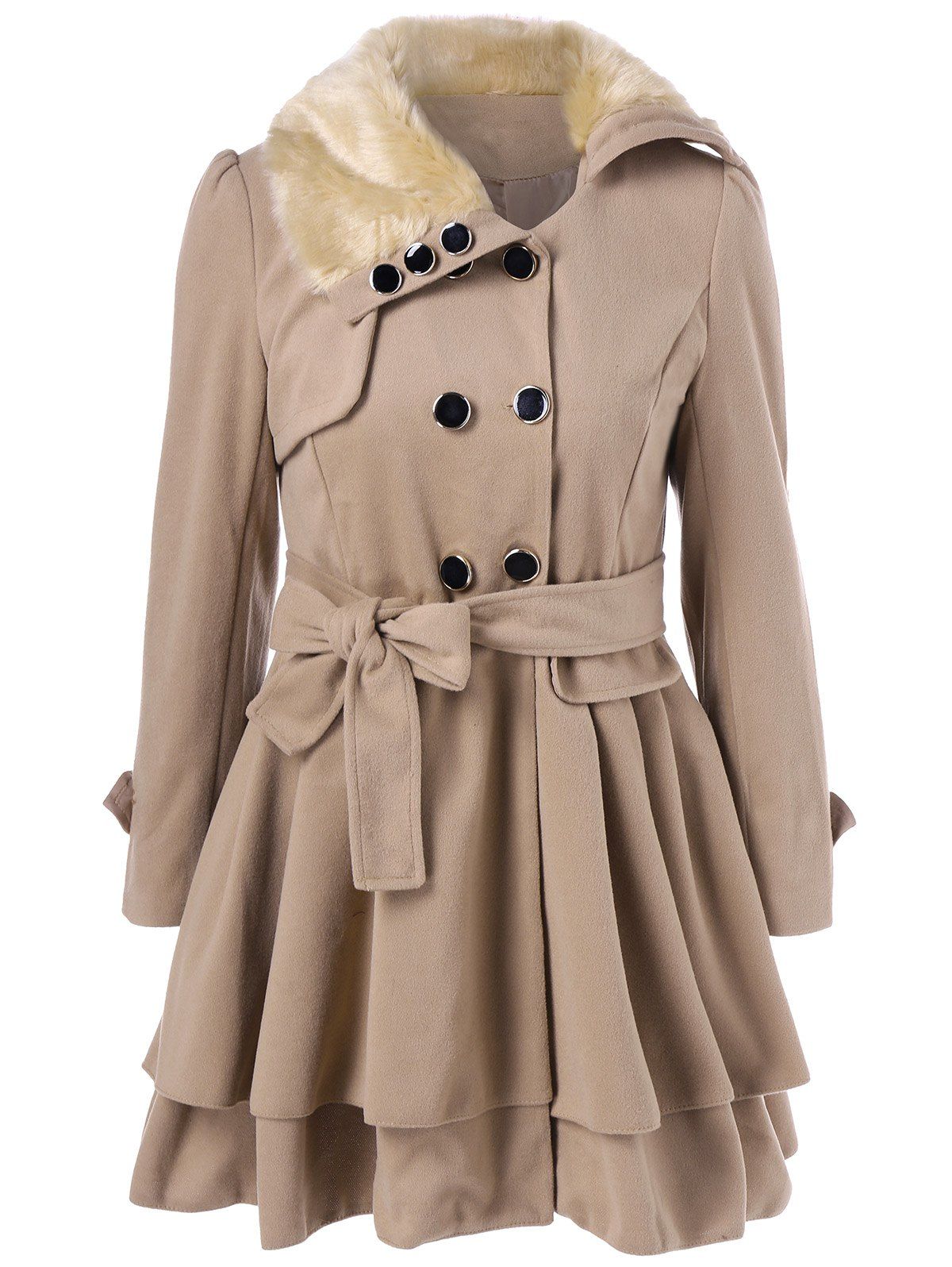 2018 Layered Double Breasted Skirted Pea Coat With Belt KHAKI L In ...
