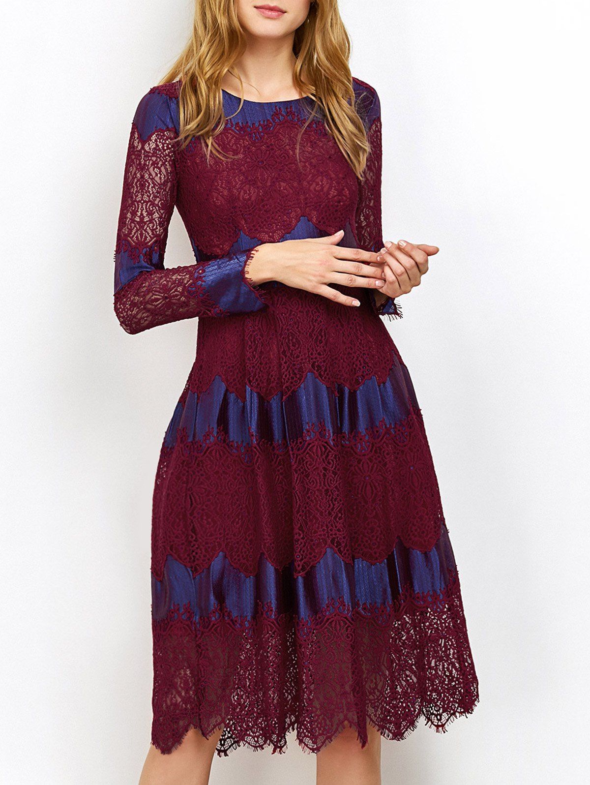 

Two Tone Lace Long Sleeve Evening Dress, Wine red