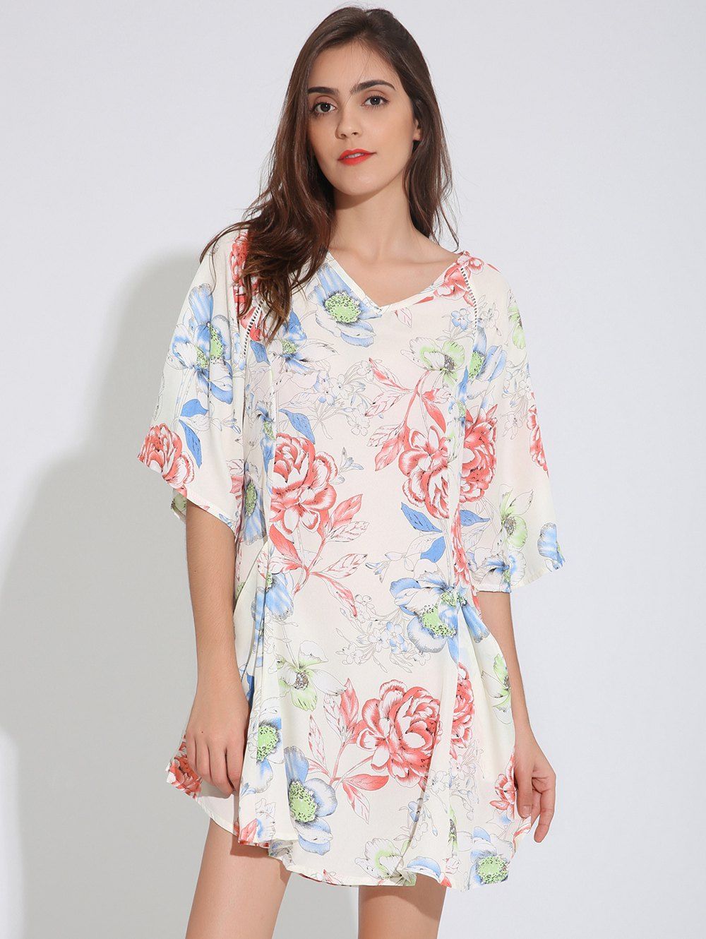 

Floral Print Raglan Sleeve Tunic Dress, Off-white