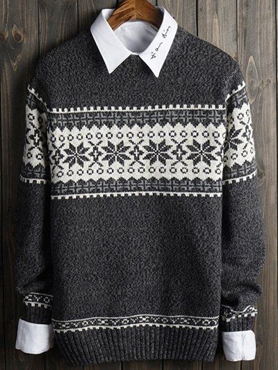 

Snowflake and Geometric Spliced Long Sleeve Sweater, Gray