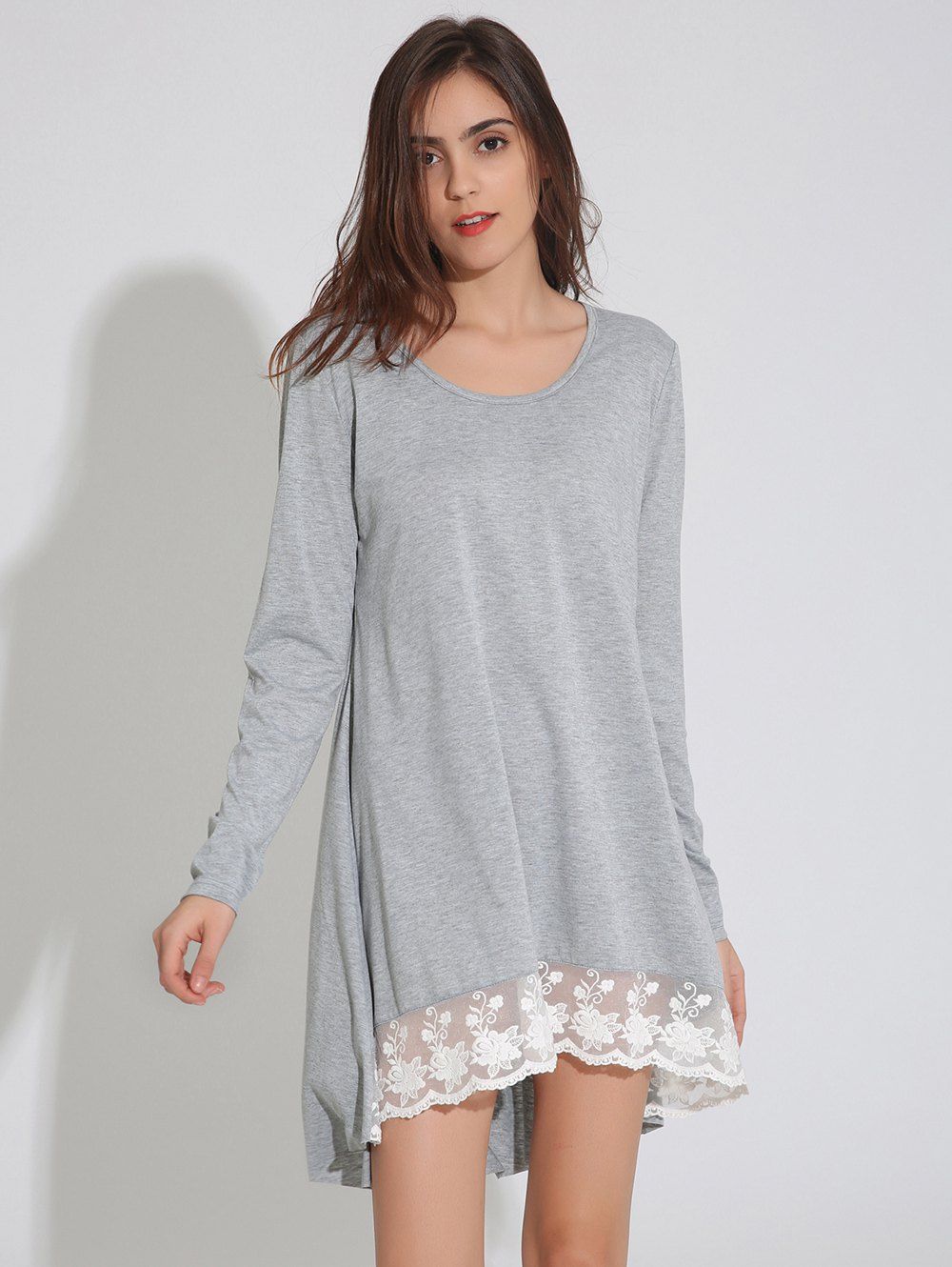 

Long Sleeve Asymmetric Swing Dress with Lace, Light gray