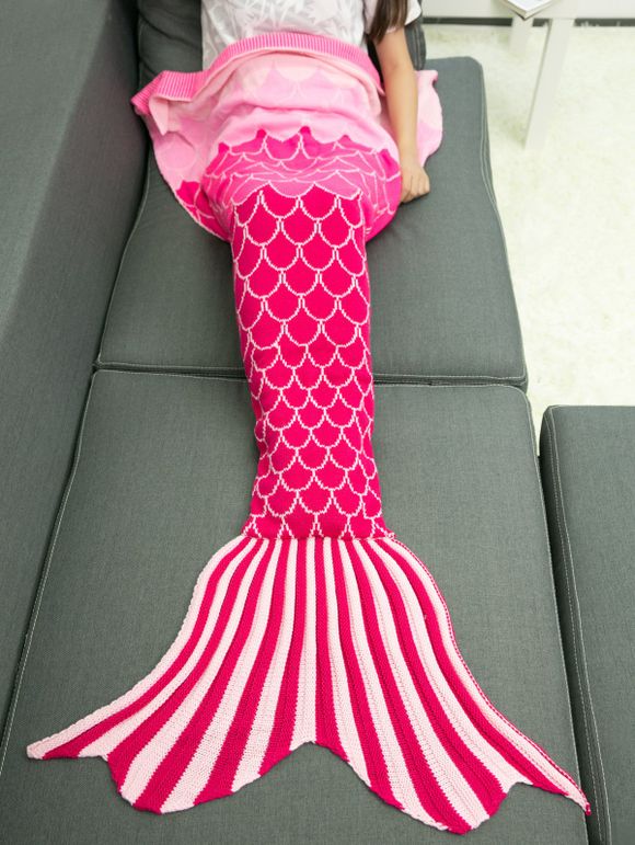 Couverture moelleuse de couleur ombrée tricotée en queue de sirène à écailles - Rose Foncé 
