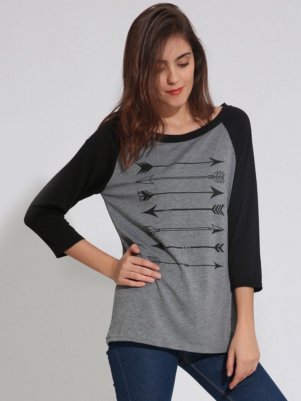 

Raglan Sleeve T-Shirt with Arrows Print, Gray