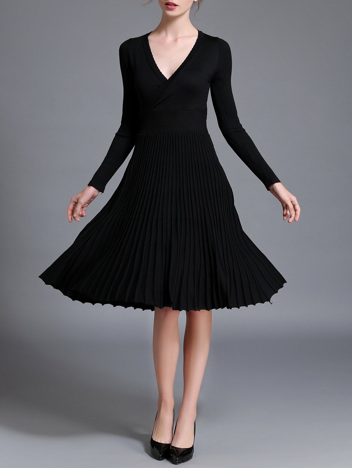 

Long Sleeve High Waist Pleated Dress, Black