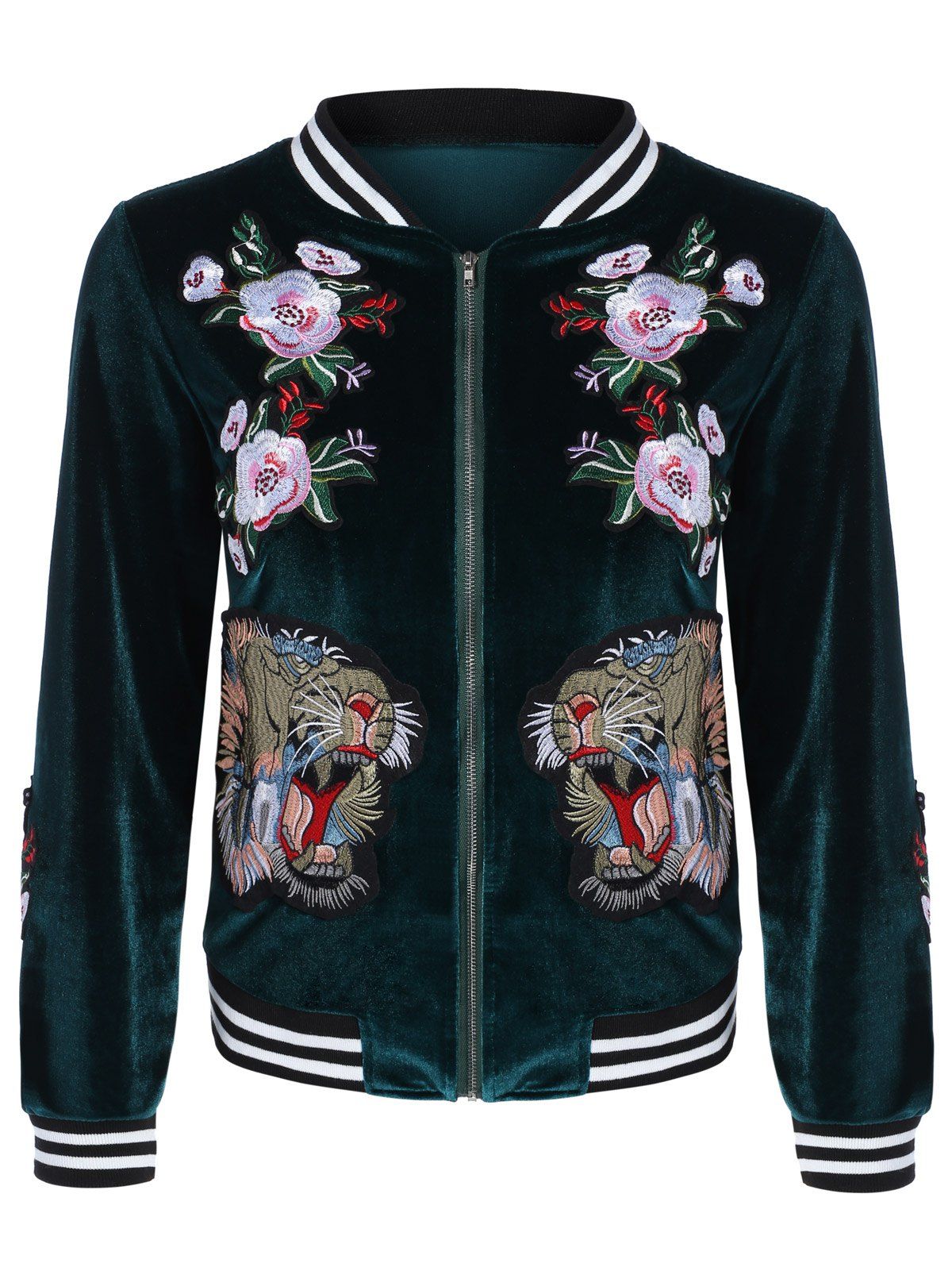 [17% OFF] 2021 Velvet Rose Tiger Embroidery Bomber Jacket In BLACKISH ...