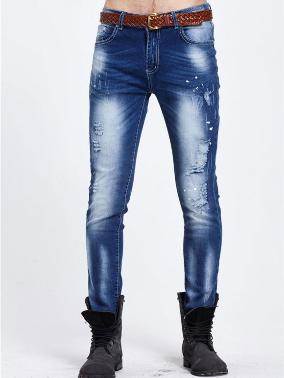 Jeans éclaboussure de peinture Zipper Fly Narrow Feet Déchirent - Bleu 36
