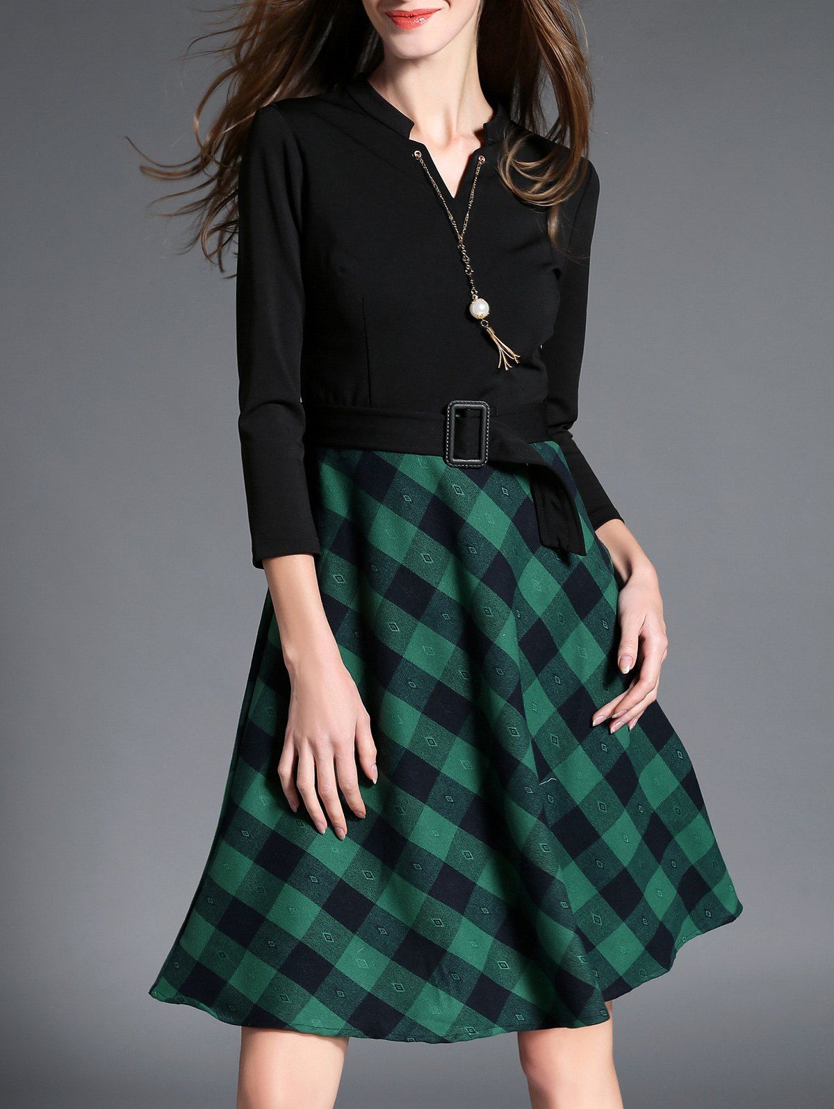 

High Waist Plaid Insert Belted Dress, Black