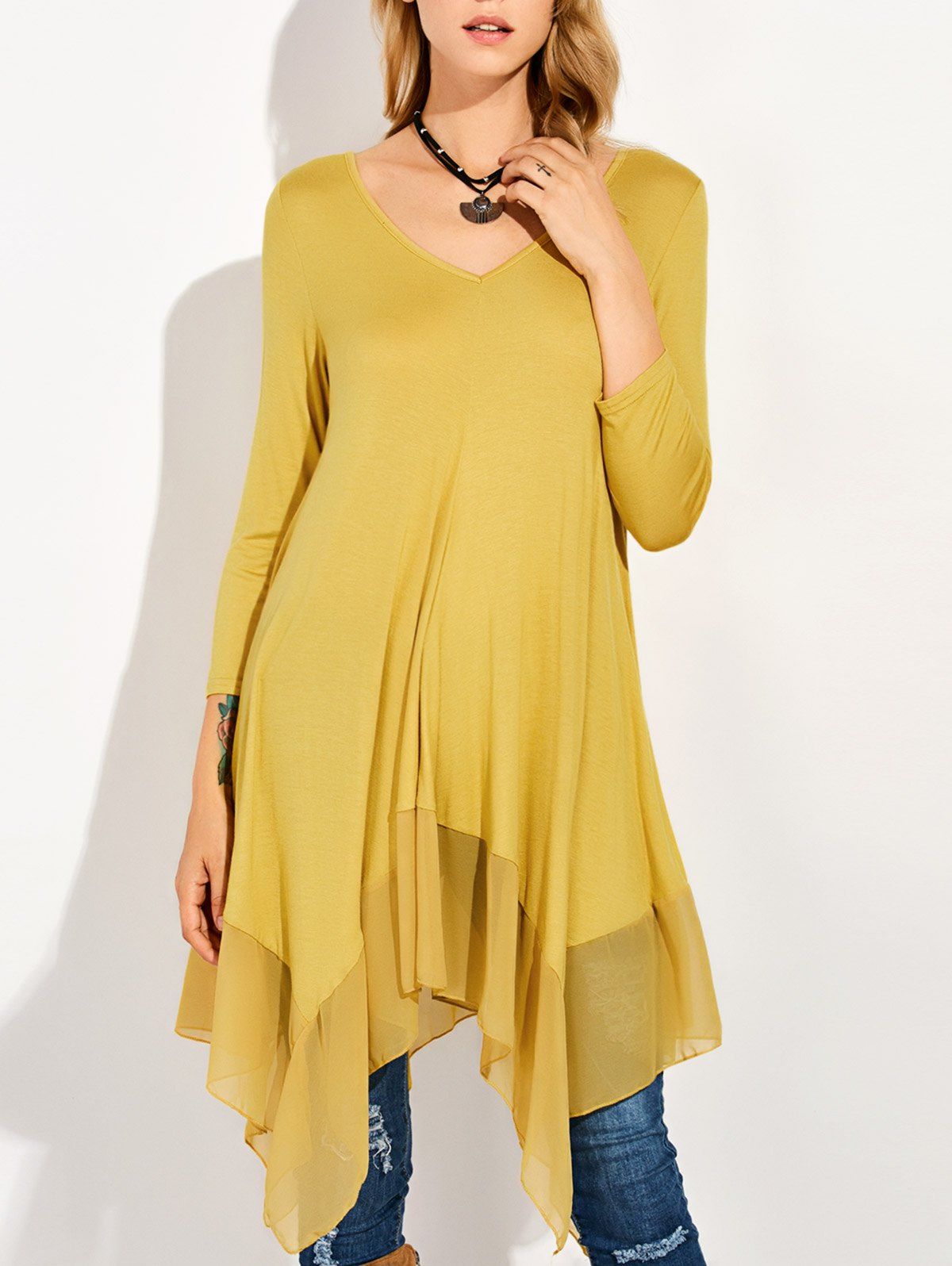 

Long Sleeve Asymmetrical Handkerchief Long T-Shirt, Deep yellow