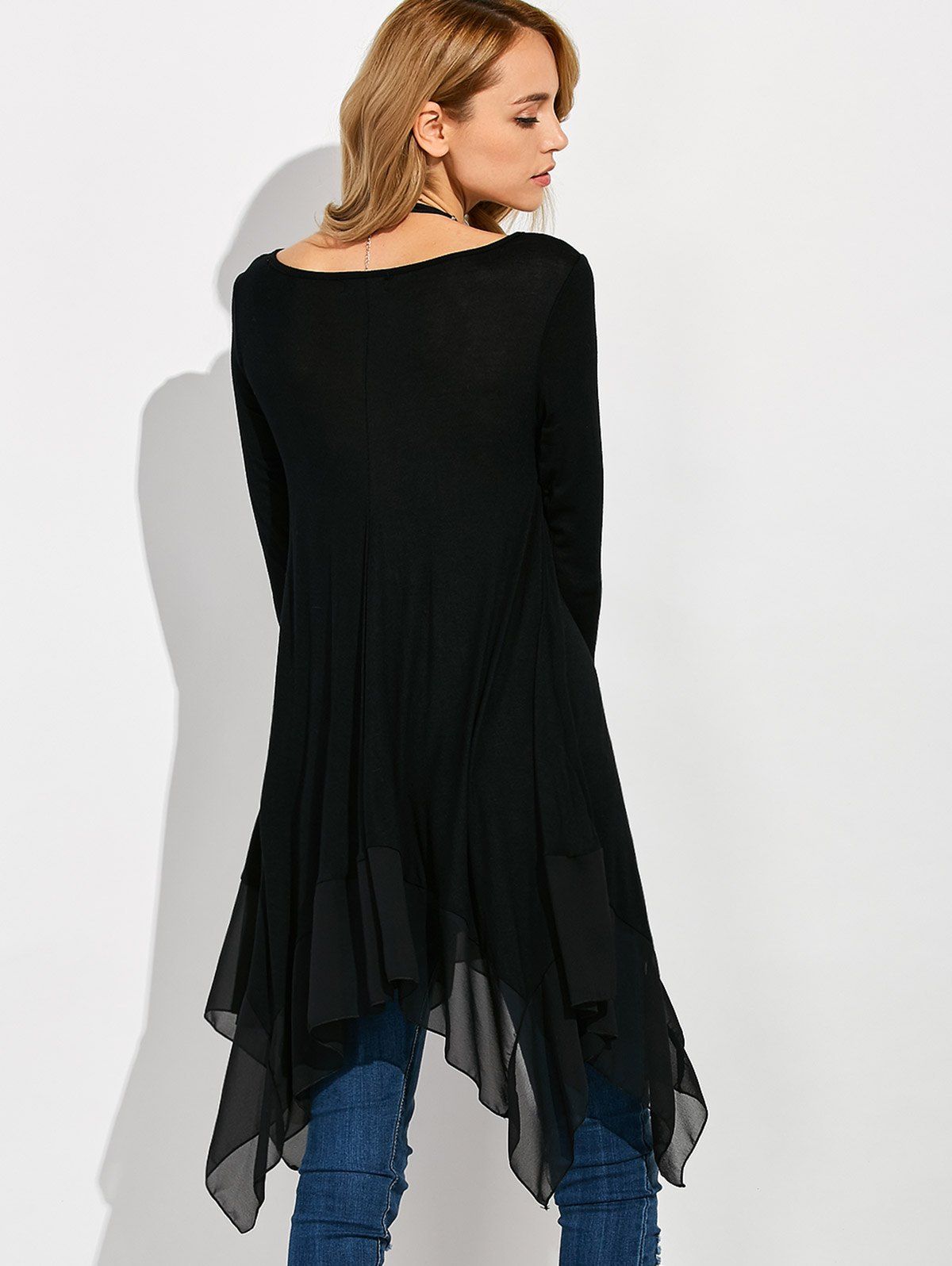 2018 Long Sleeve Asymmetrical Handkerchief Long T-Shirt BLACK XL In ...