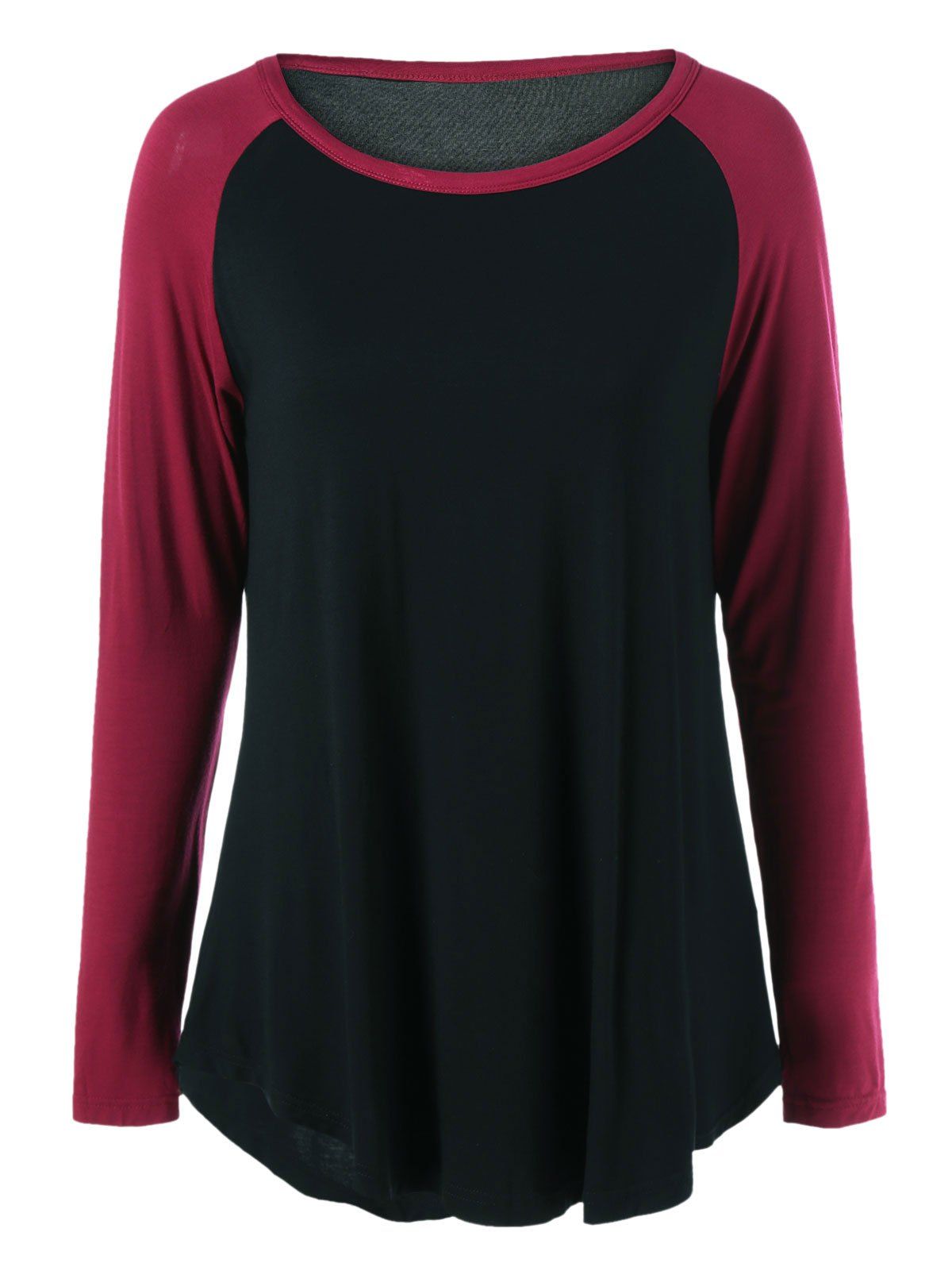 

Plus Size Long Raglan Sleeve Curved Hem T-Shirt, Red with black