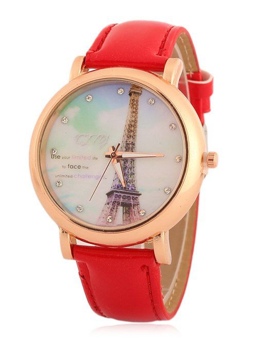 Montre à quartz ornée de strass et de motif Tour Eiffel - Rouge 
