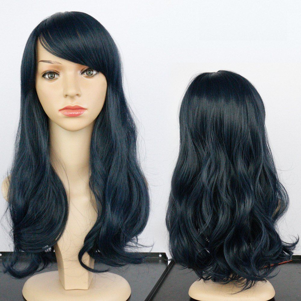 

Side Bang Long Fluffy Wavy Synthetic Wig, Deep blue