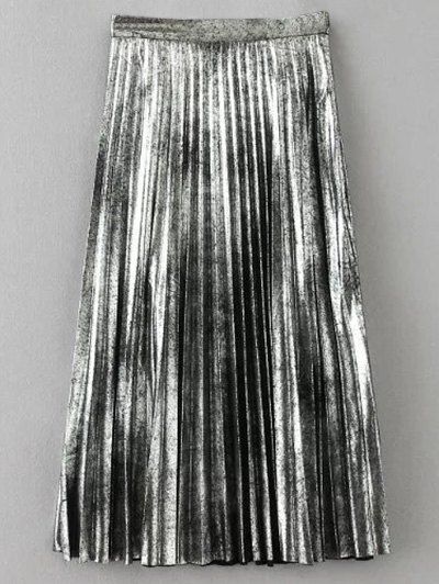 Metallic Color Midi Pleated Skirt - SILVER XS