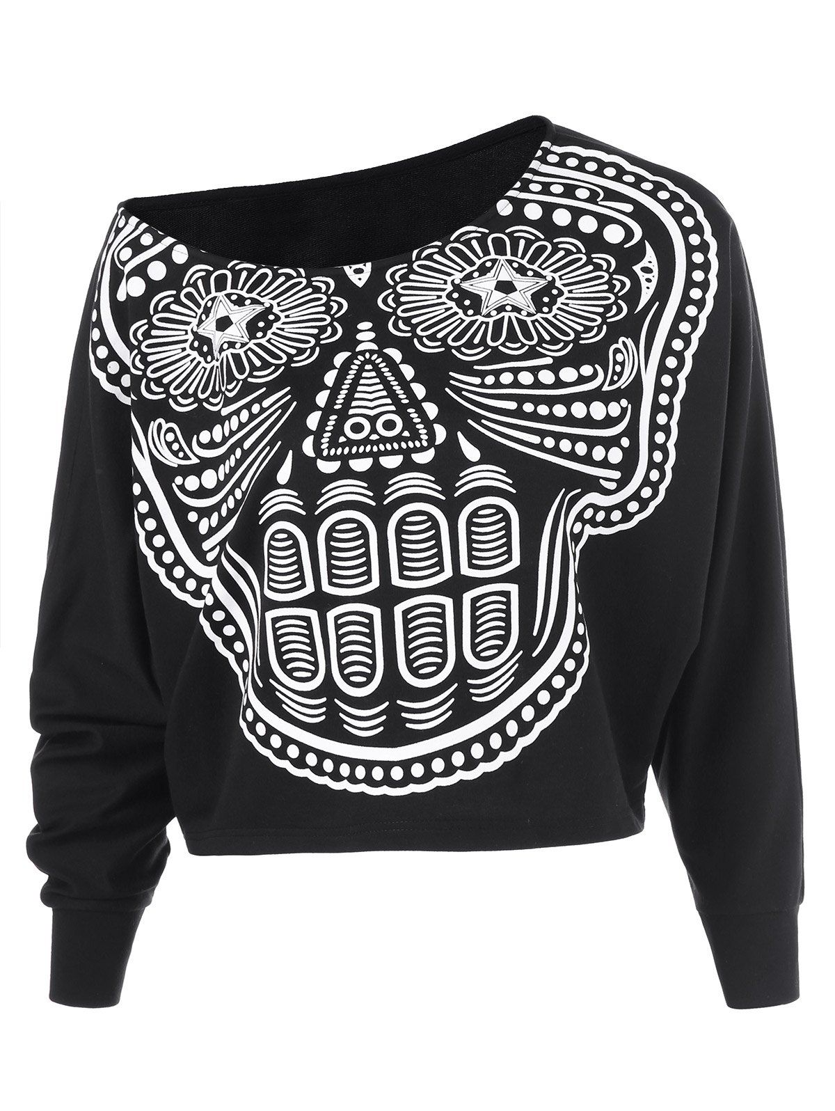 

Skull Print Skew Collar Sweatshirt, Black