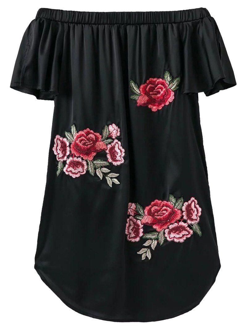 

Embroidered Off The Shoulder Satin Dress, Black