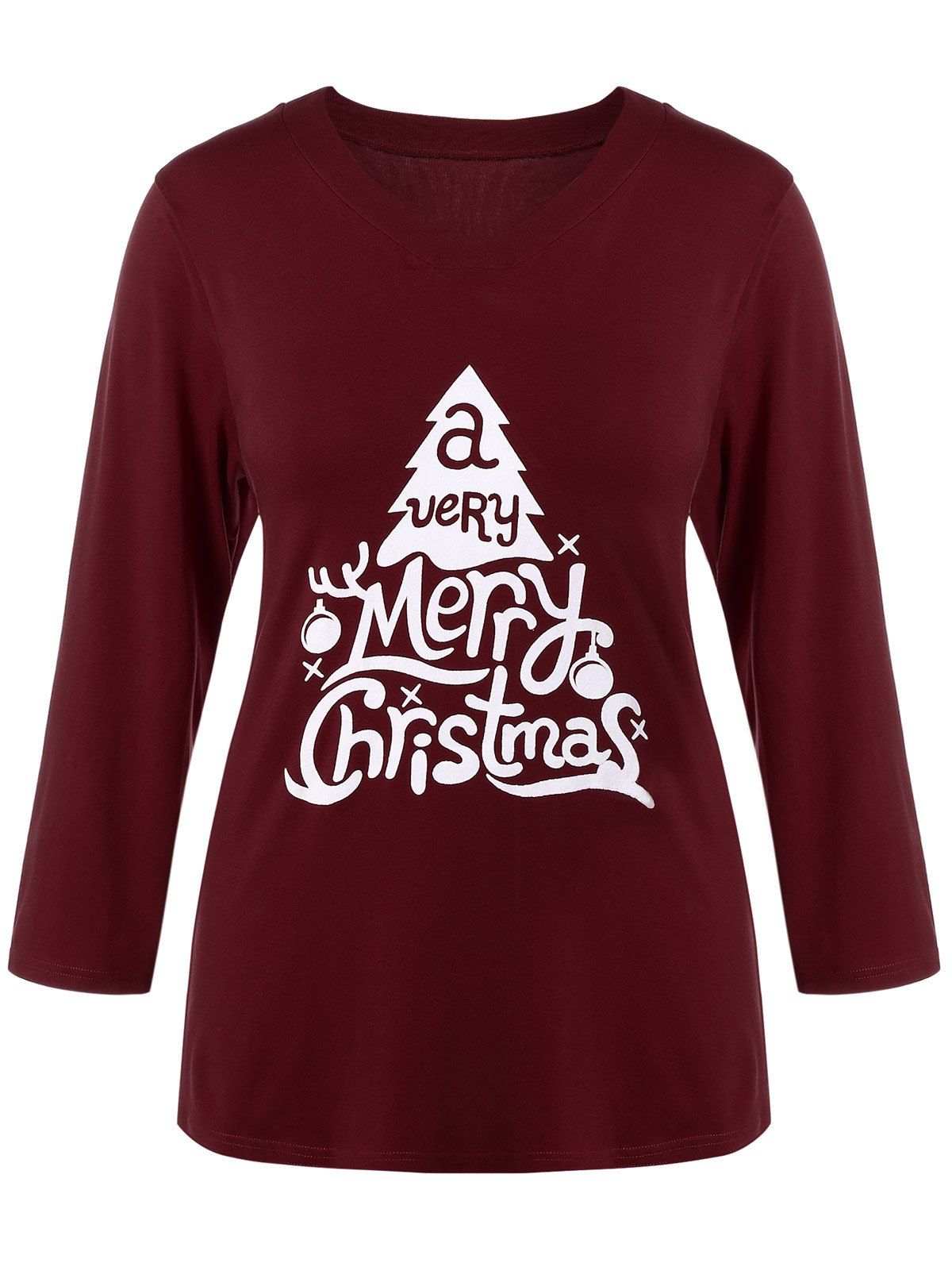 

Plus Size Christmas Print T-Shirt, Wine red