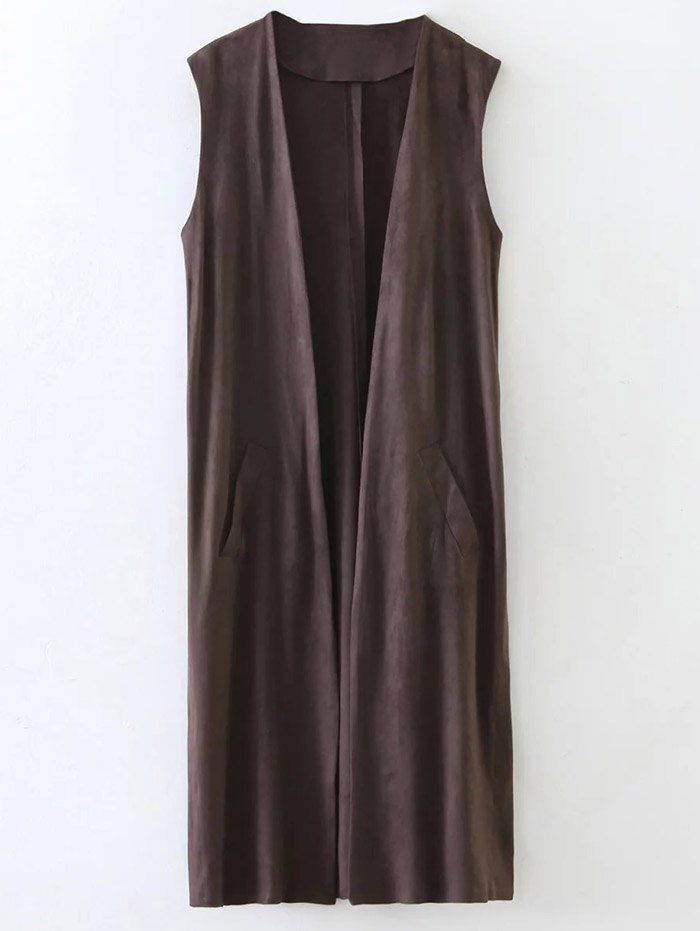 

Collarless Side Slit Suede Waistcoat with Pockets, Coffee