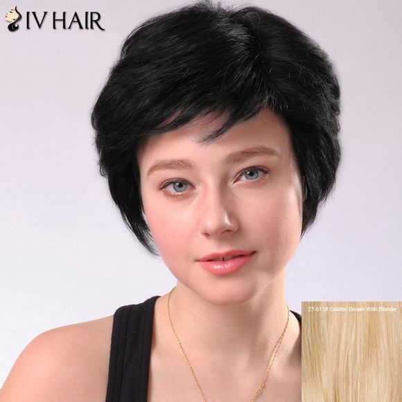 SIV perruque ultra-courte de cheveux humains coupés en dégradé avec franges latérales - Brun d'Or avec Blonde 