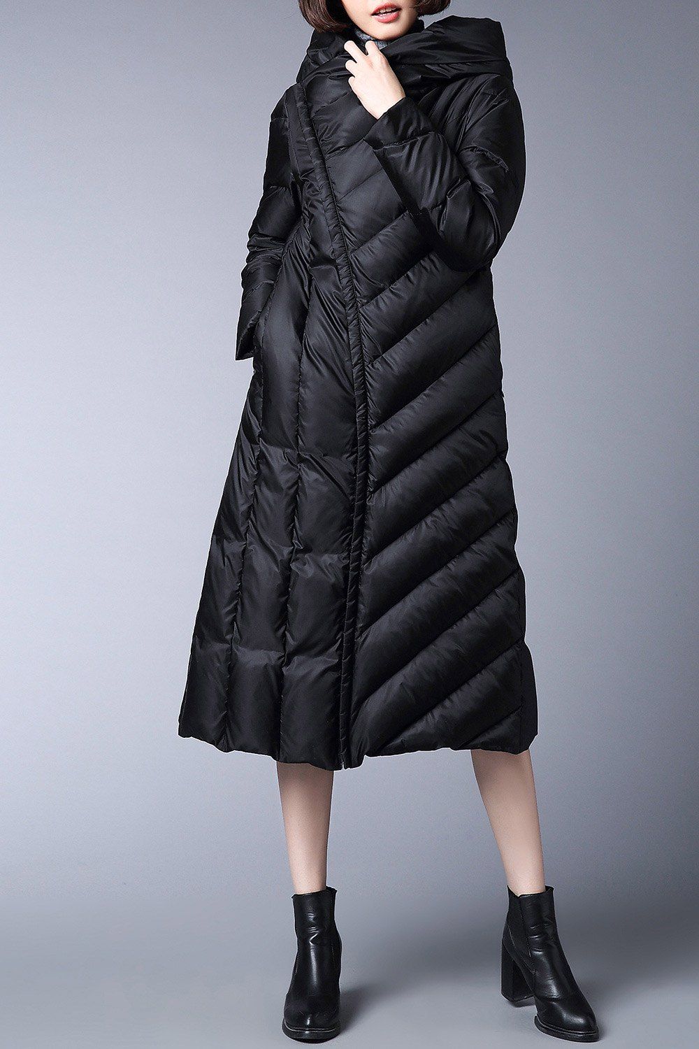 

Skirted Hooded Quilted Coat, Black