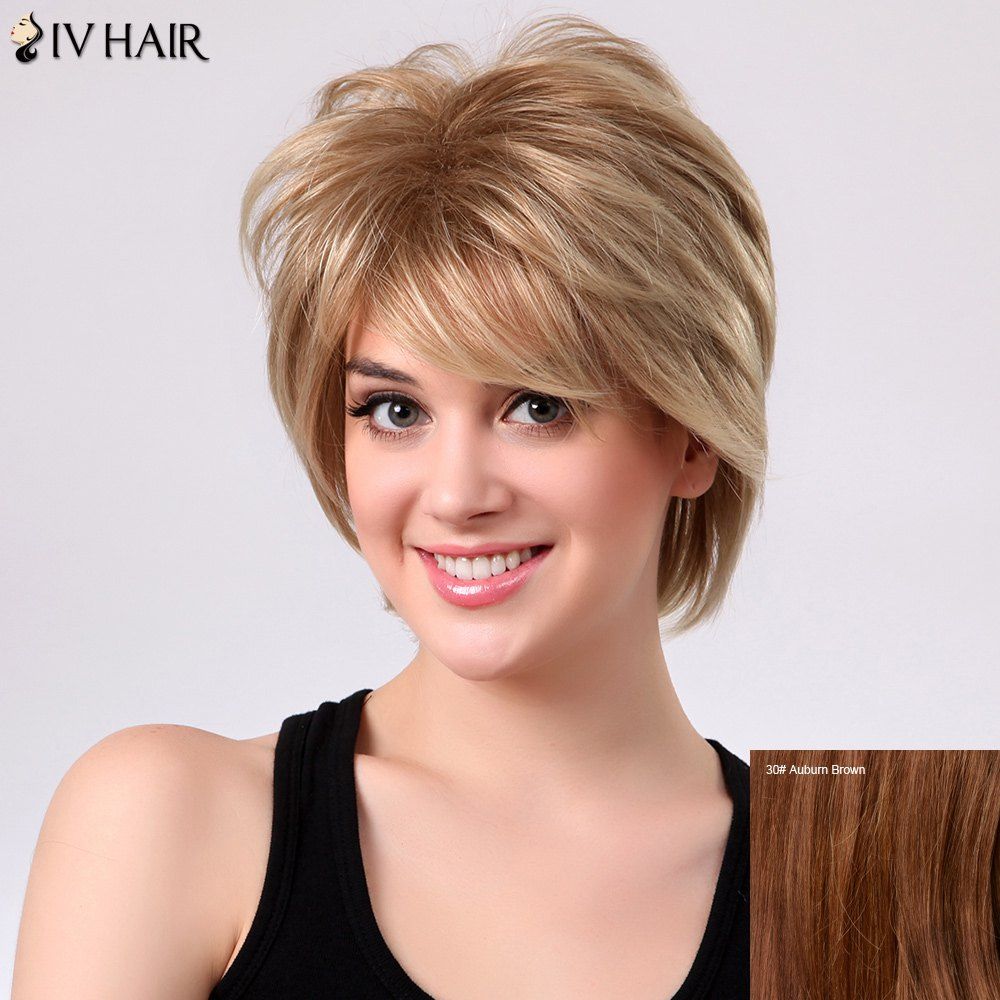 

Shaggy Short Layered Side Bang Straight Siv Human Hair Wig, Auburn brown #30