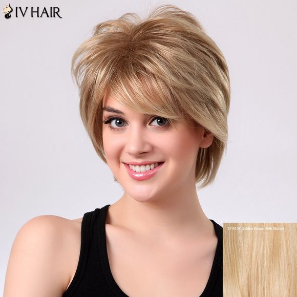 SIV perruque courte de cheveux humains coupés en dégradé avec franges droites latérales - Brun d'Or avec Blonde 