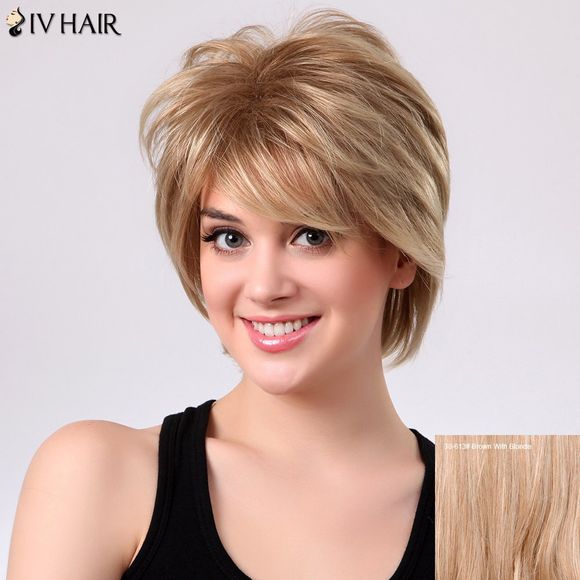 SIV perruque courte de cheveux humains coupés en dégradé avec franges droites latérales - Brun Avec Blonde 