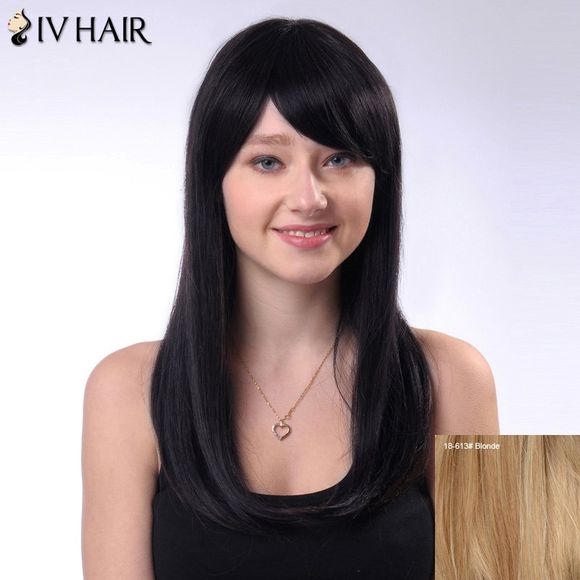 SIV perruque longue de cheveux humains reluisants avec franges droites latérales - Brun Avec Blonde 
