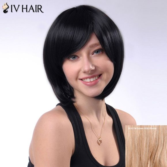 SIV perruque courte de cheveux humains embroussaillés avec franges droites latérales - Brun Avec Blonde 