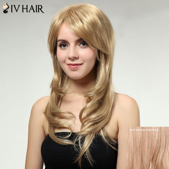 SIV perruque longue de cheveux humains ondulés en broussailles avec franges inclinées - Brun Avec Blonde 