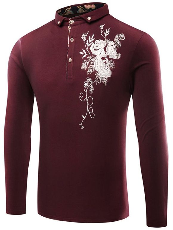T-Shirt de Polo boutonné imprimé de broderie florale à manches florales - Bourgogne L