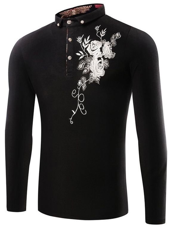 T-Shirt de Polo boutonné imprimé de broderie florale à manches florales - Noir XL