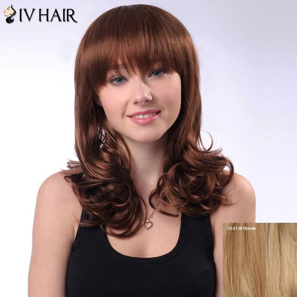 SIV perruque longue de cheveux humains ondulés en broussailles avec franges pleines - Blonde 