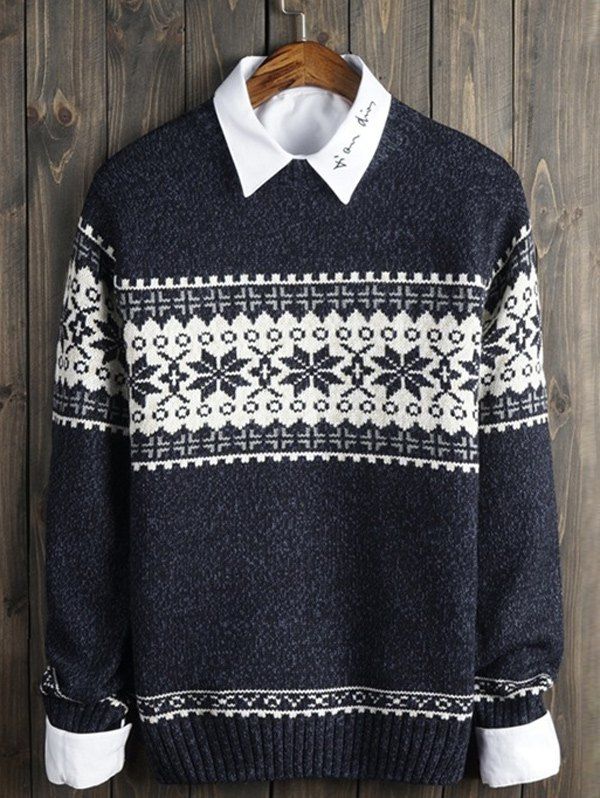 

Crew Neck Christmas Snowflake Graphic Sweater, Deep blue
