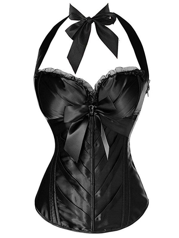 [17 OFF] 2021 Halter Bowknot Embellished Lace Up Corset Bra In BLACK