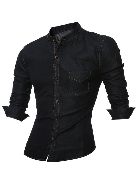 Chemise en jean à col montant avec poches et manches longues - Noir 3XL