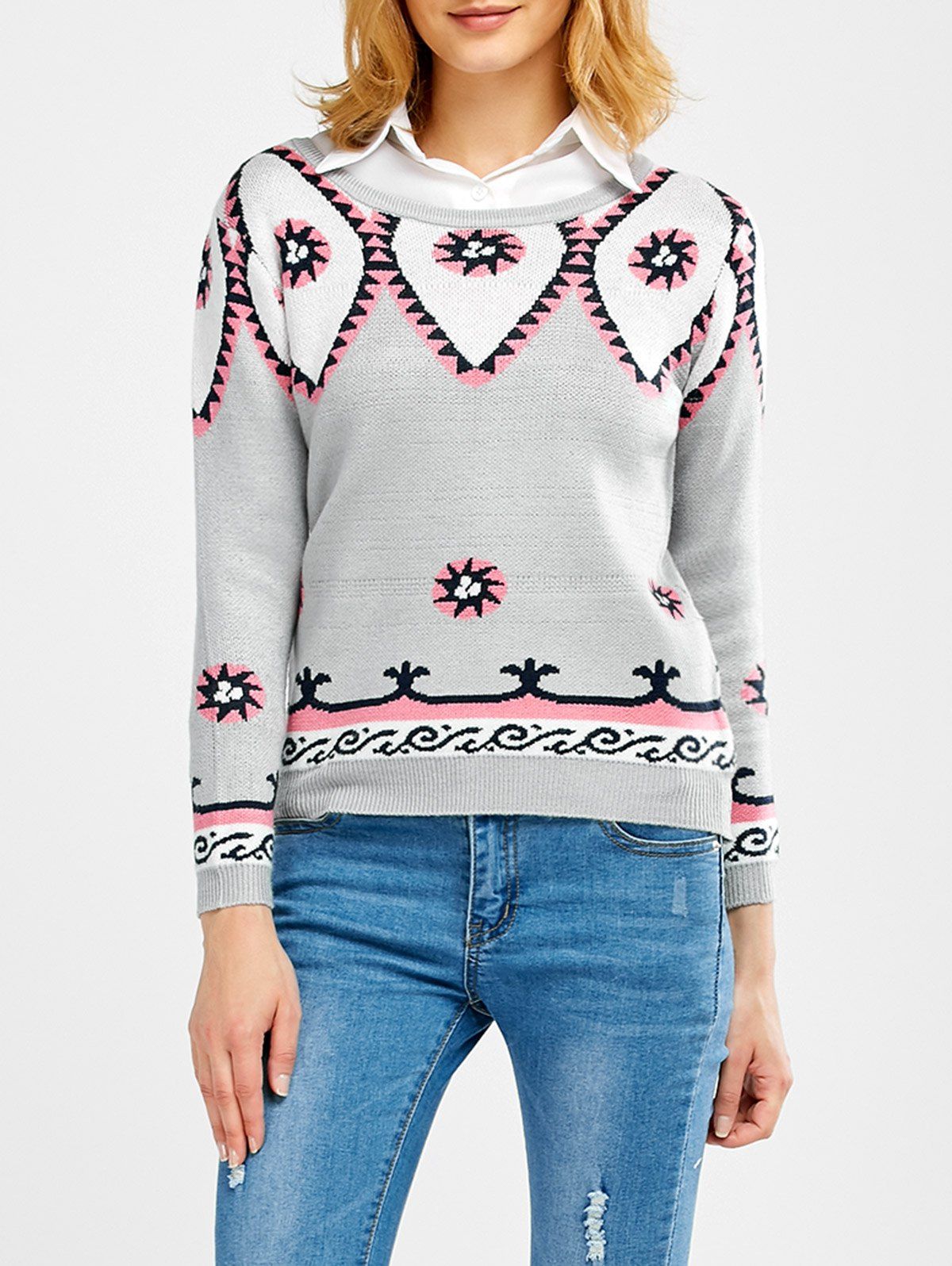 Round Neck Geometric Pattern Sweater - LIGHT GRAY ONE SIZE