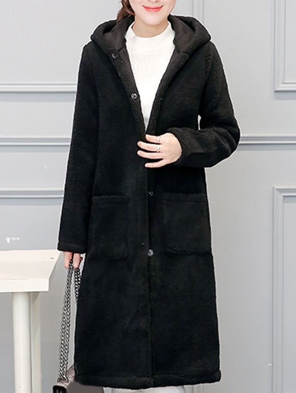 Manteau long simili-toison à capuche avec poches - Noir S