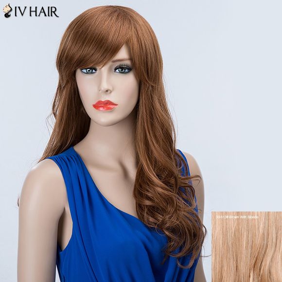 SIV perruque longue de cheveux humains ondulés en broussailles avec franges latérales - Brun Avec Blonde 