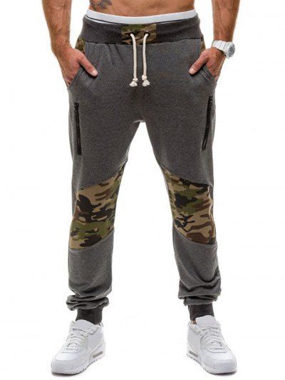 

Camo Panel Zippered Drawstring Jogger Pants, Deep gray