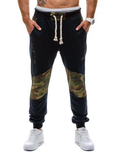 

Camo Panel Zippered Drawstring Jogger Pants, Cadetblue