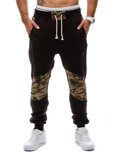 

Camo Panel Zippered Drawstring Jogger Pants, Black