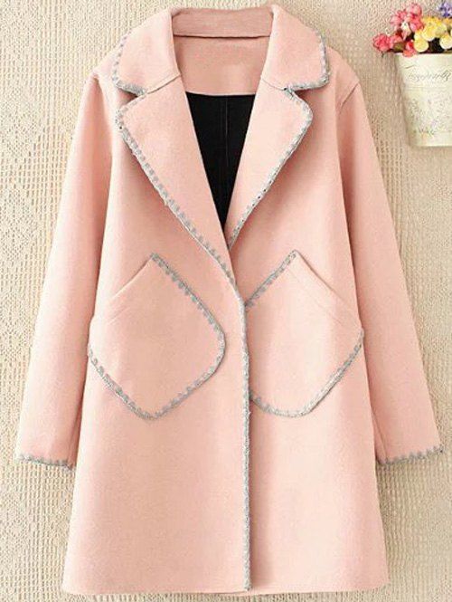 Plus-size manteau long de laine brodée - Rose Clair 3XL
