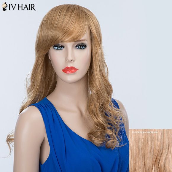 SIV perruque longue de cheveux humains duveteux avec franges obliques - Brun Avec Blonde 